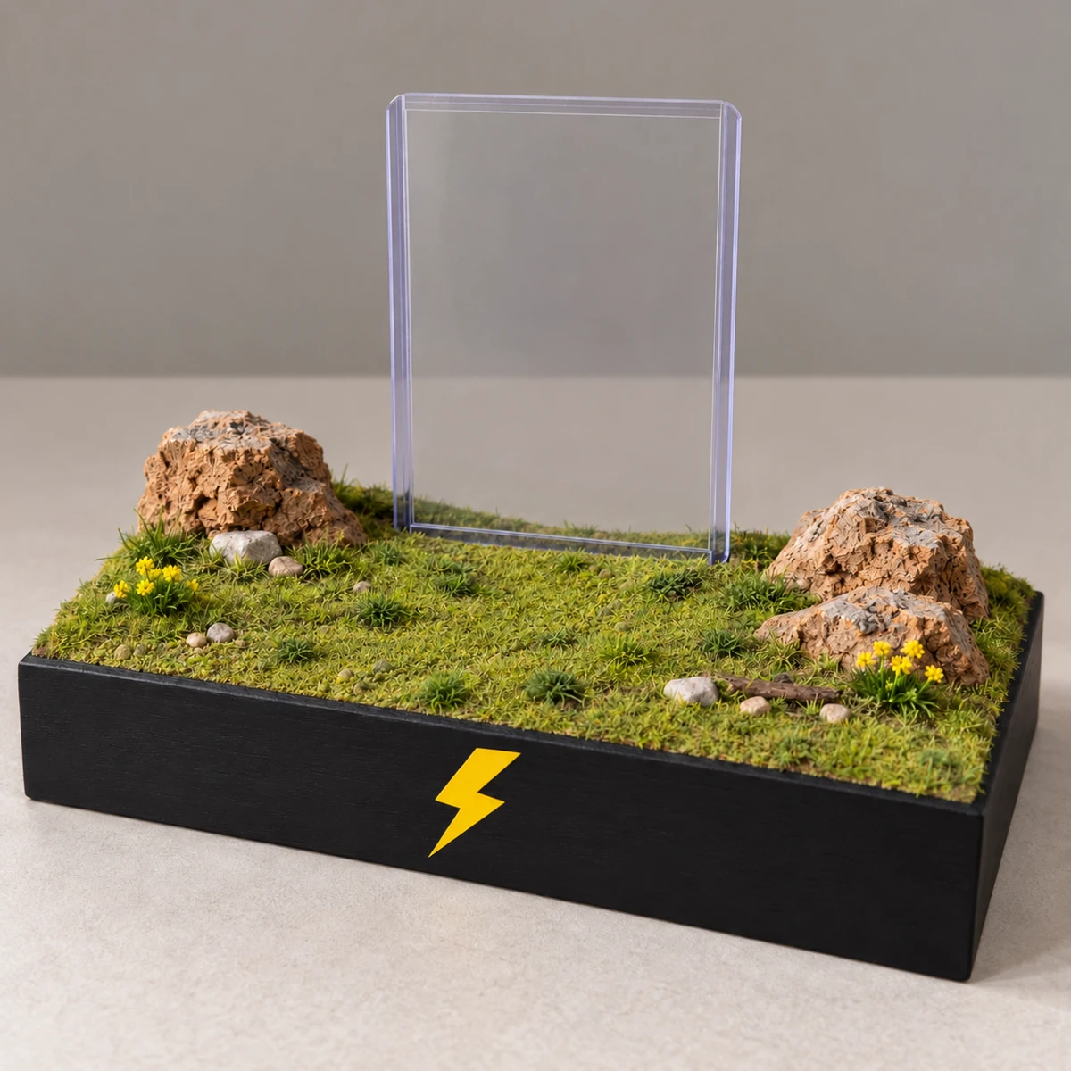 Handcrafted Pikachu diorama with rocks, grass and an empty toploader